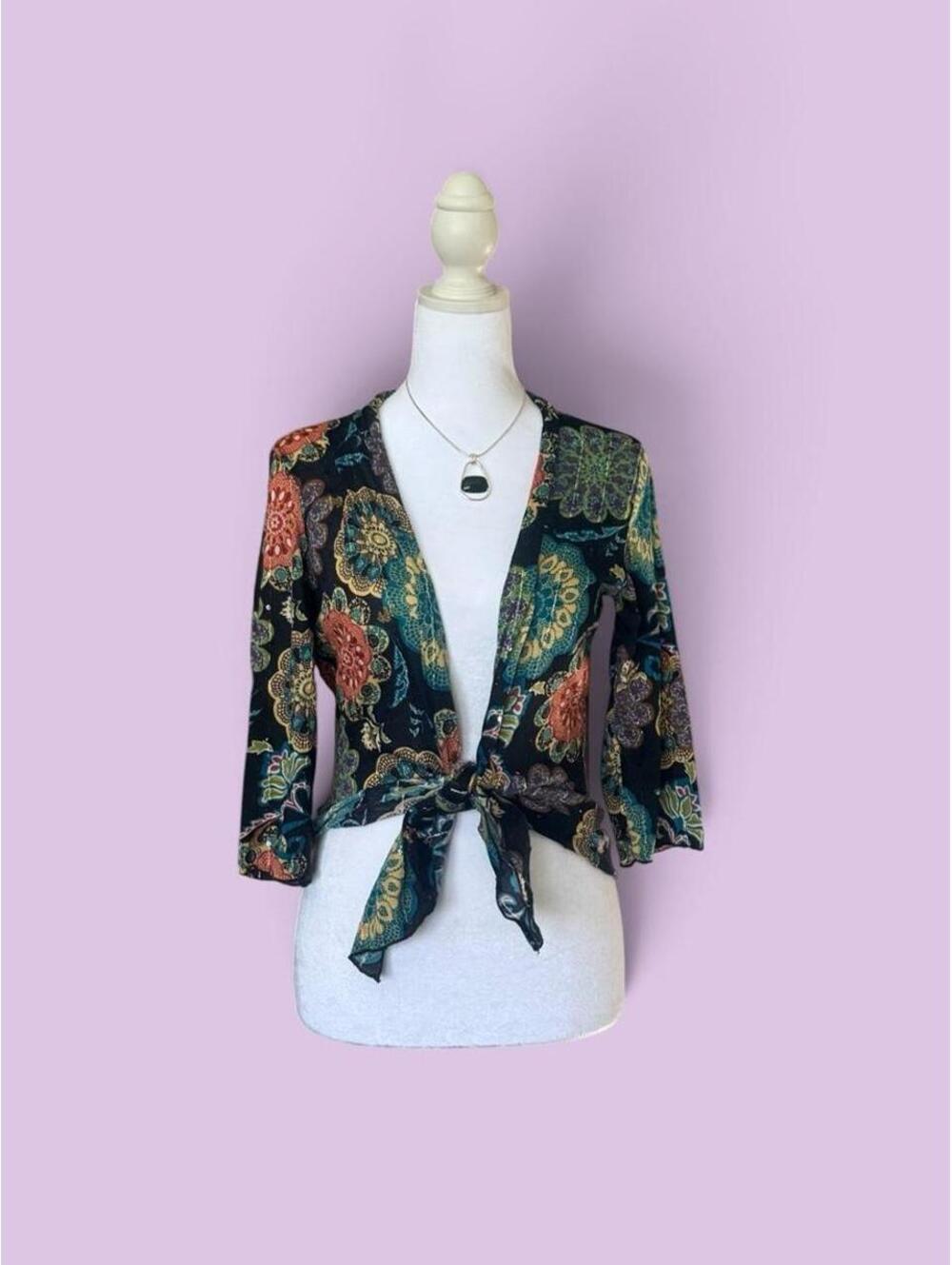 Black & multi-coloured floral print blouse with tie front